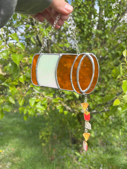 Orange Pill Bottle Stained Glass Sun Catcher with Hanging Food Charms