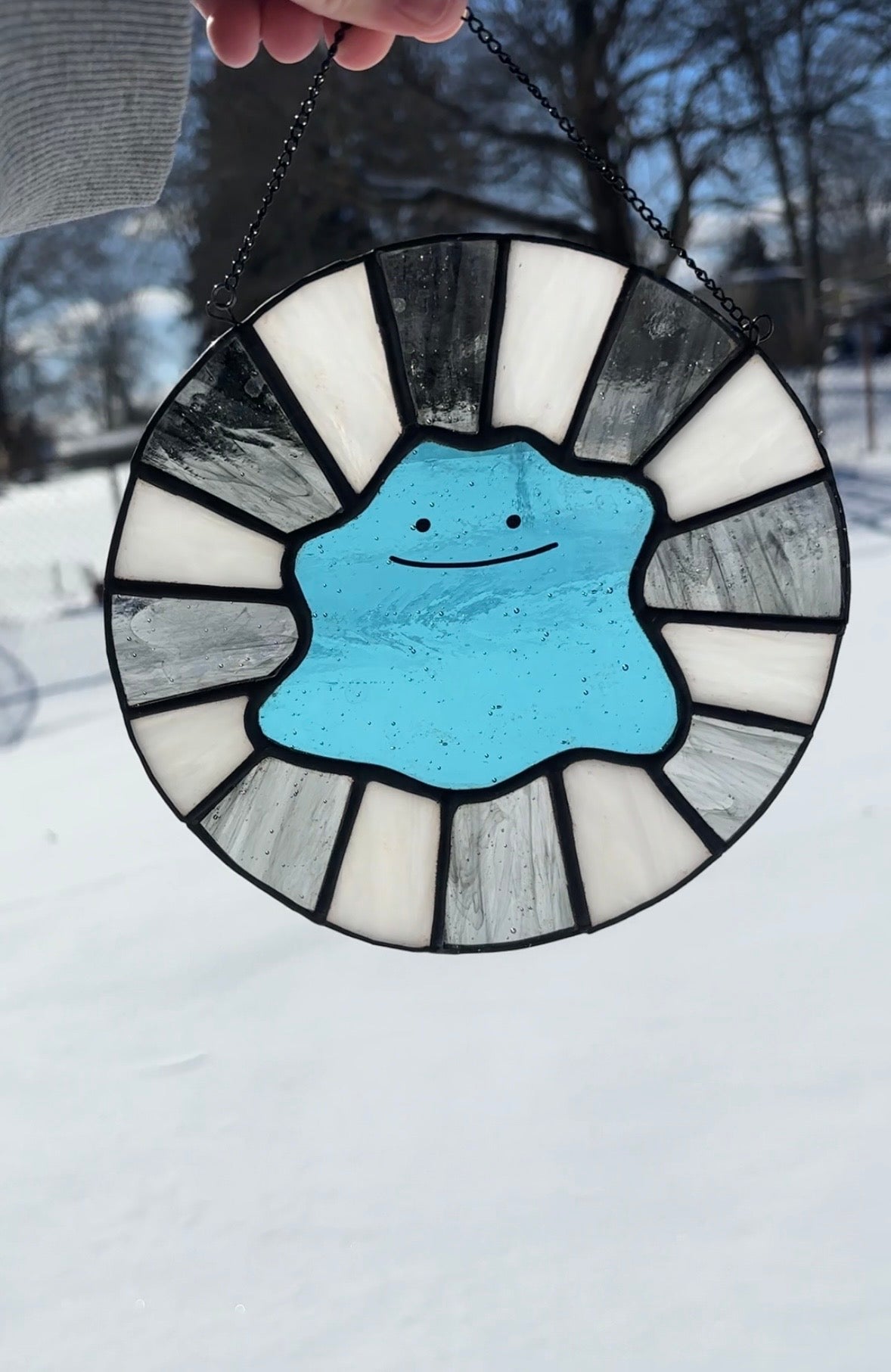 Blue, Black, and White Shiny Anime Pocket Creature Stained glass Sun Catcher