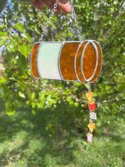 Orange Pill Bottle Stained Glass Sun Catcher with Hanging Food Charms