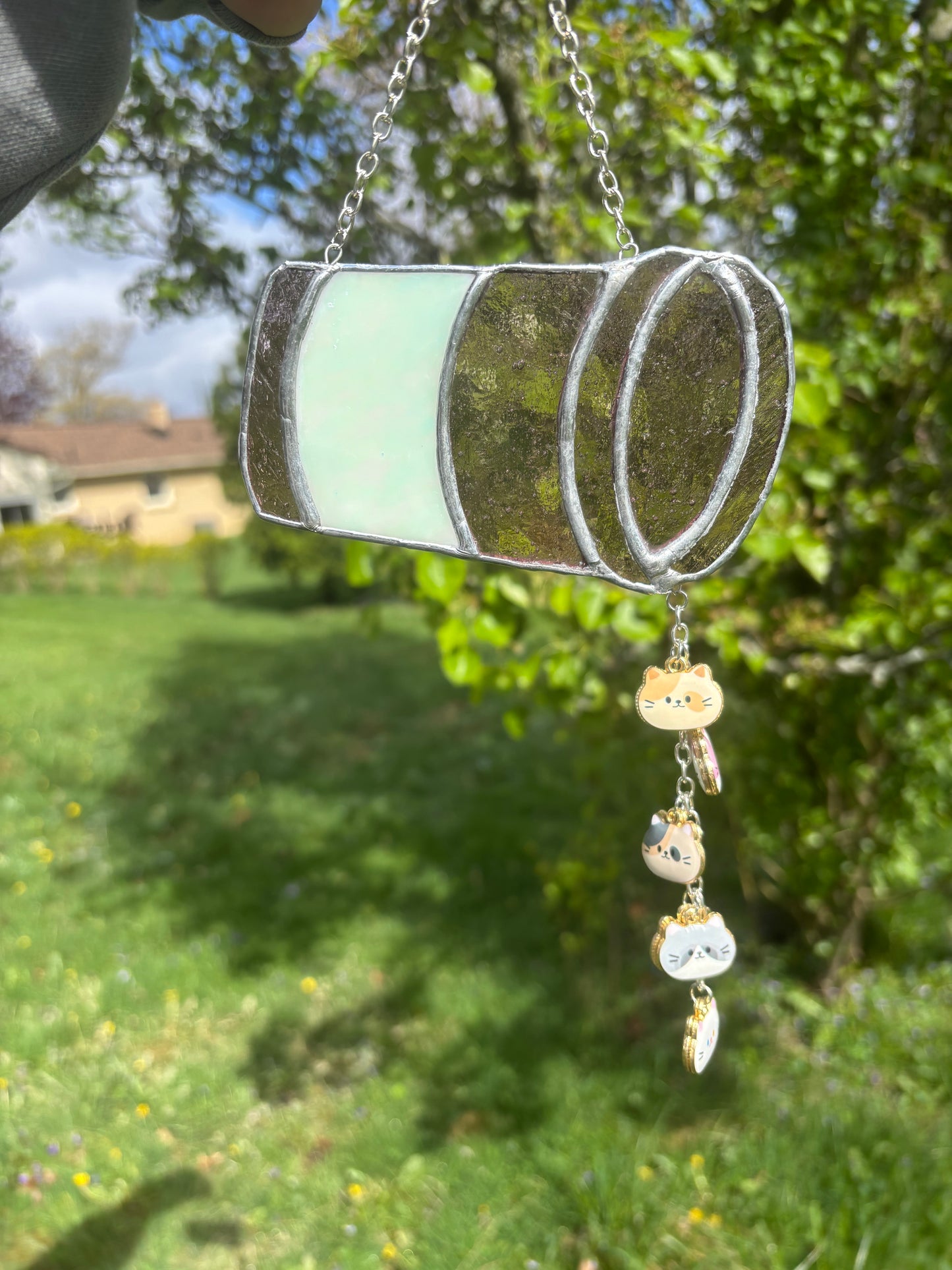 Translucent Purple Stained Glass Pill Bottle Sun Catcher w/ Hanging Cat Charms