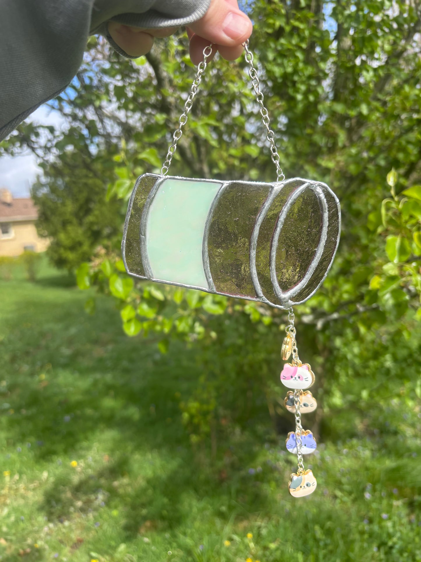 Translucent Purple Stained Glass Pill Bottle Sun Catcher w/ Hanging Cat Charms